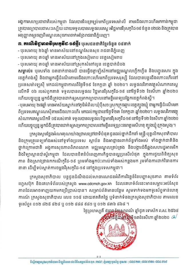 ព្រឹកនេះកម្ពុជា! រកឃើញអ្នកវិជ្ជមានកូវីដ-១៩ថ្មីចំនួន ០៤ករណី បន្ថែមទៀត ខណ:ព្យាបាលអ្នកជាសះស្បើយចំនួន ០៣ករណី