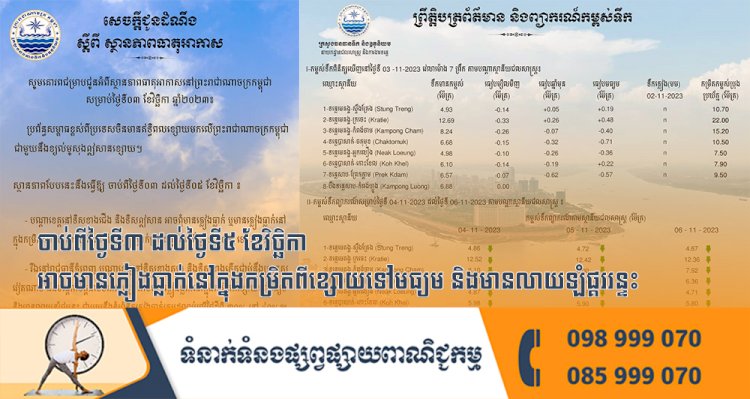 ចាប់ពីថ្ងៃទី៣ ដល់ថ្ងៃទី៥ ខែវិច្ឆិកា អាចមានភ្លៀងធ្លាក់នៅក្នុងកម្រិតពីខ្សោយទៅមធ្យម និងមានលាយឡំផ្គររន្ទះ