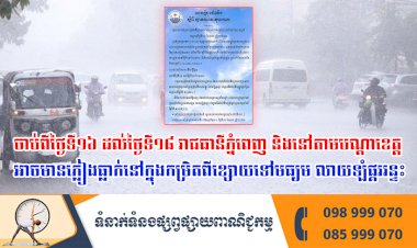 ចាប់ពីថ្ងៃទី១៦ ដល់ថ្ងៃទី១៨ រាជធានីភ្នំពេញ និងនៅតាមបណ្តាខេត្តអាចមានភ្លៀងធ្លាក់នៅក្នុងកម្រិតពីខ្សោយទៅមធ្យម លាយឡំផ្គររន្ទះ