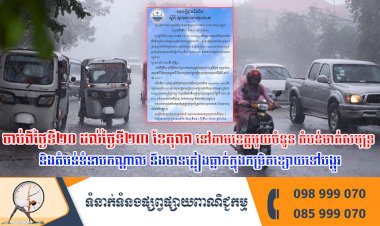 ចាប់ពីថ្ងៃទី២០ ដល់ថ្ងៃទី២៣ ខែតុលា នៅតាមខេត្តមួយចំនួន តំបន់មាត់សមុទ្រ និងតំបន់ទំនាបកណ្តាល នឹងមានភ្លៀងធ្លាក់ក្នុងកម្រិតខ្សោយទៅបង្គួរ