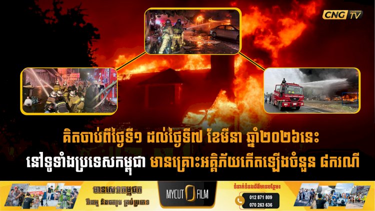 គិតចាប់ពីថ្ងៃទី១ ដល់ថ្ងៃទី៧ ខែមីនា ឆ្នាំ២០២៦នេះ នៅទូទាំងប្រទេសកម្ពុជា មានគ្រោះអគ្គិភ័យកើតឡើងចំនួន ៨ករណី